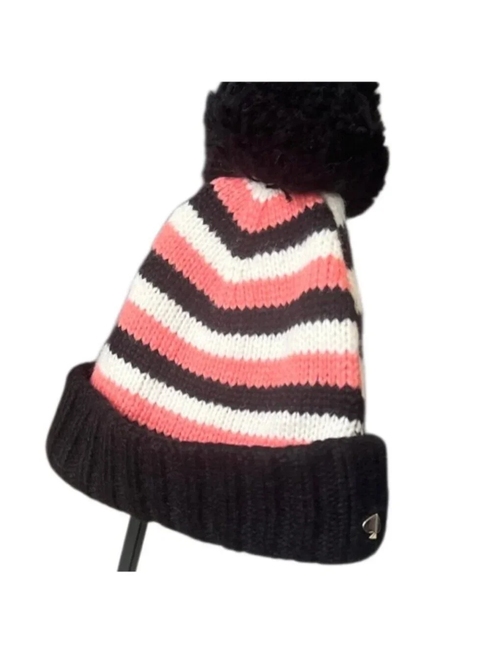 Kate Spade Heritage Pink, Ivory and Black Stripe Cuff Logo Pom Pom Beanie NWOT